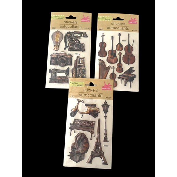 Crafters Square Puffy Stickers Set Lot 3 Pks Vintage Cameras Music Instruments - Picture 1 of 16